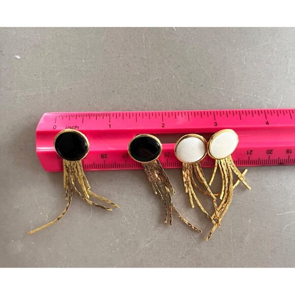 Set Of 2 Vintage Gold-Tone Earrings With Black & White Enamel & Cascading Gold C - Picture 3 of 3